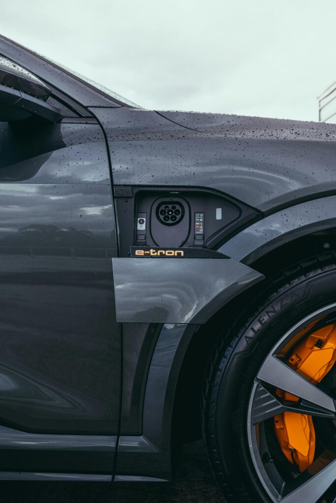 Detailed view of a luxury electric car charging port in Curitiba, Brazil.